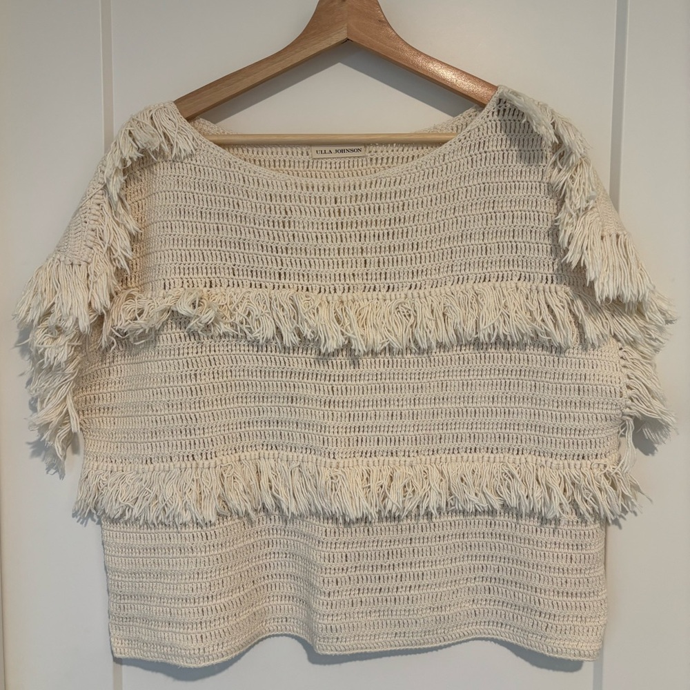 Ulla Johnson cream fringe knit top